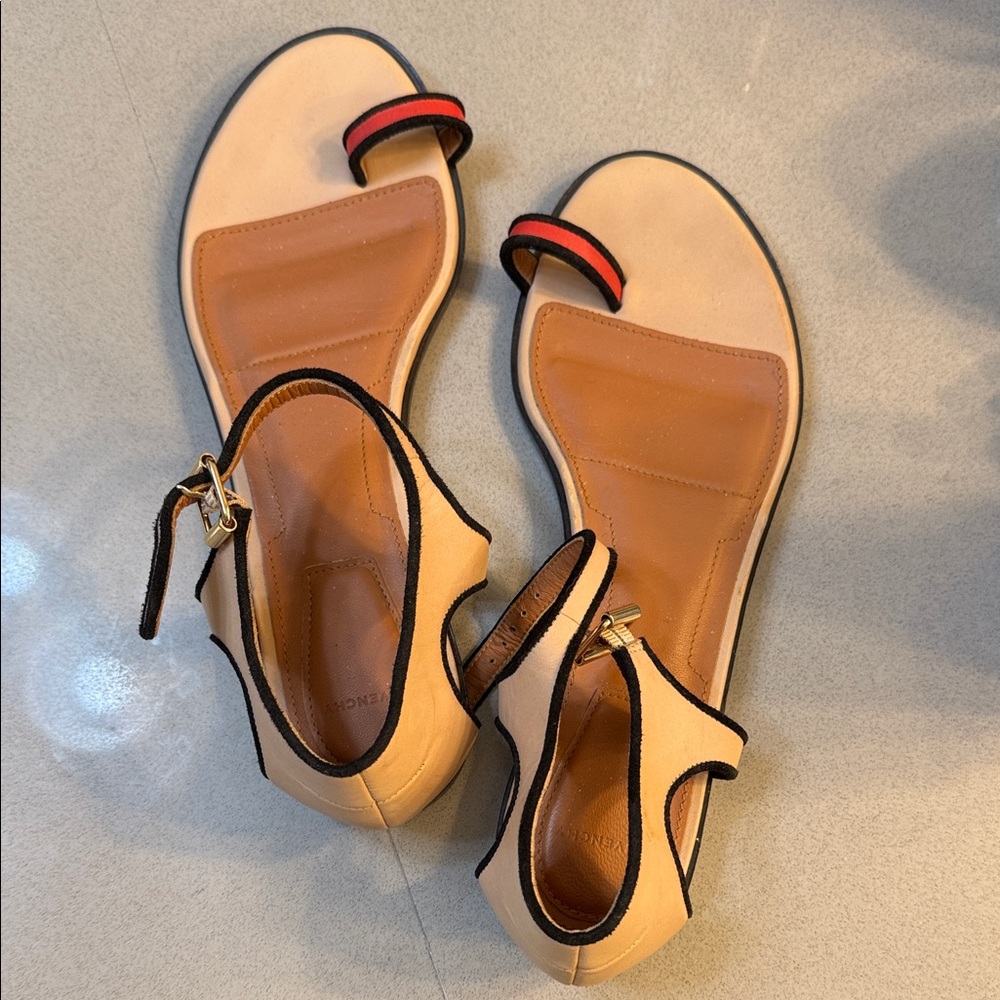 Givenchy Beige and Tan Leather Ankle-Strap Sandals with Red Toe Loop